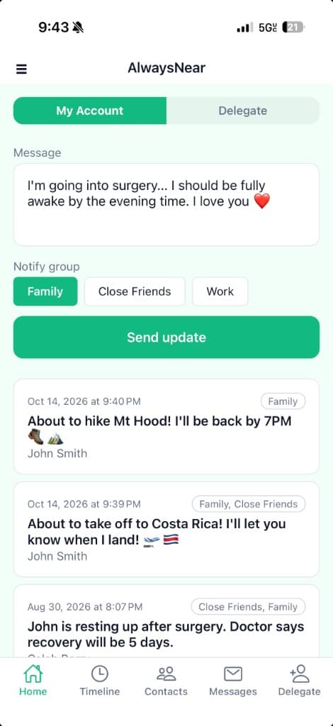 AlwaysNear app showing an owner writing one update and choosing a trusted contact group.